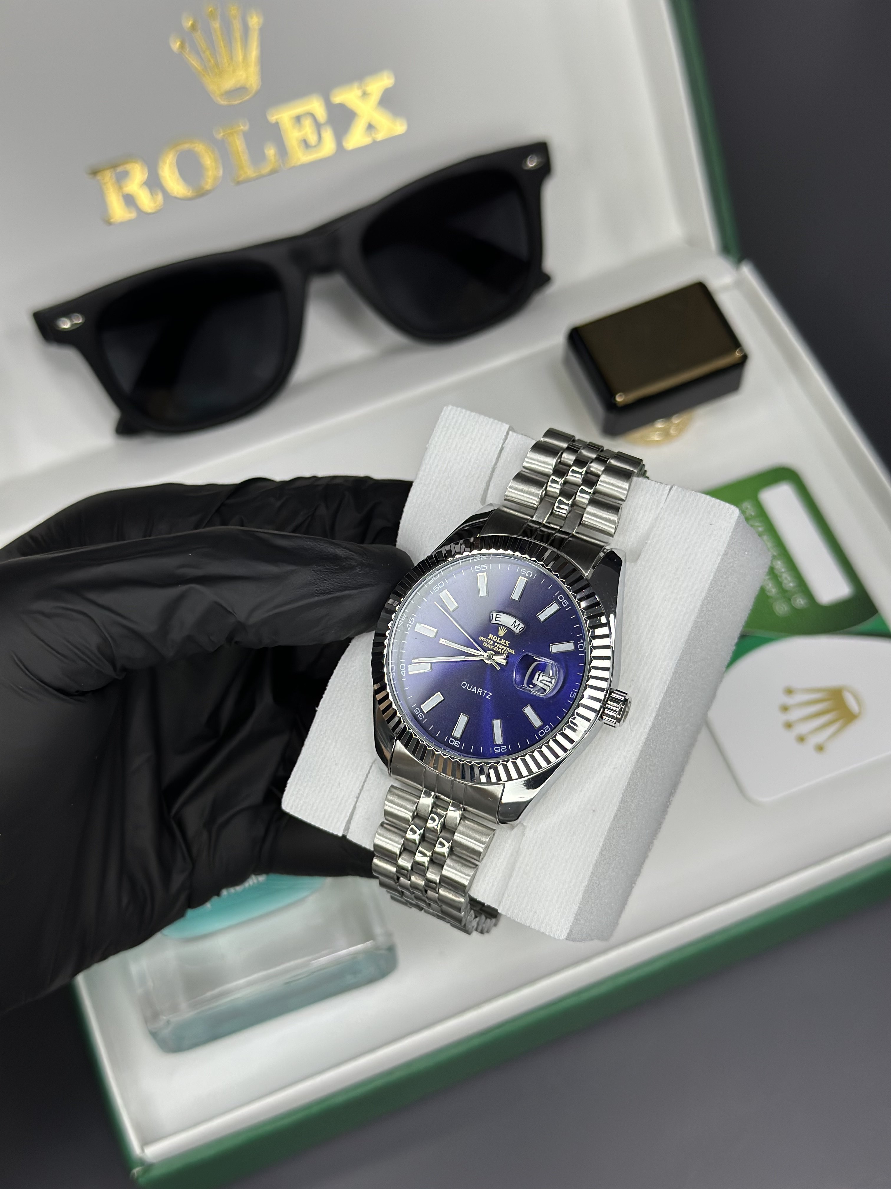 Mavi gümüş day date set