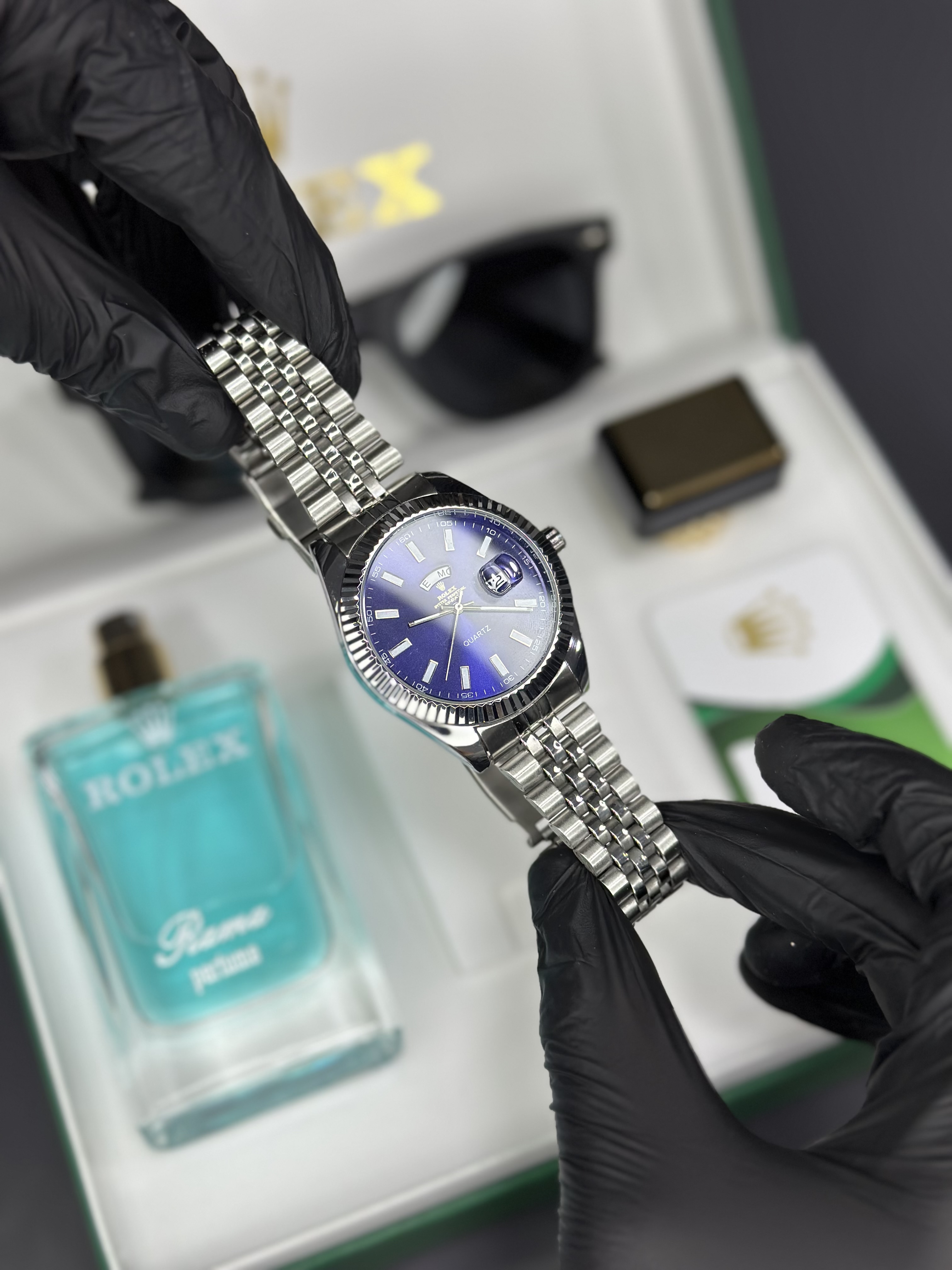 Mavi gümüş day date set